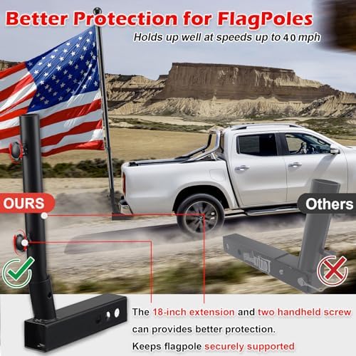 Truck Flag Pole Kit with Trailer Hitch Holder - 6ft Heavy Duty Tangle Free Flagpole for Trucks,Dual Angle Mount,Windproof Long Sleeve for Tow Truck,Pickup Car,Jeep, Black