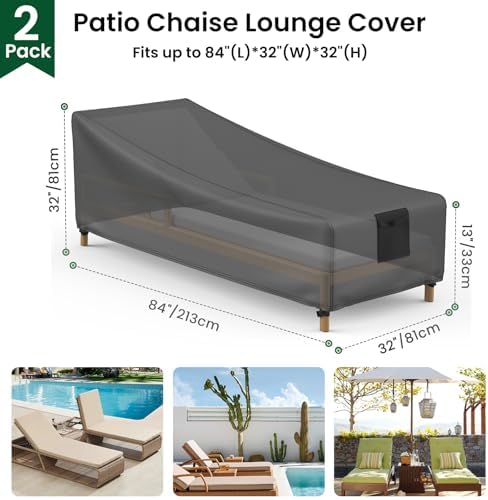 Mrrihand Chaise Lounge Cover, Patio Furniture Covers, Patio Lounge Chair Cover Waterproof and UV Resistant, Heavy Duty Outdoor furniture covers with Air Vent 2 Pack - 84L x 32W x 32H inch