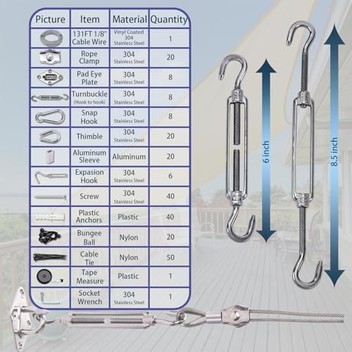Shade Sail Hardware Kit 6 inch with 131FT 1/8" Wire Rope Kit for Triangle Rectangle Sun Shade Sail Outdoor Installation turnbuckles for Cables Wire for Outdoor,Garden,Kitchen,Craft,243PCS