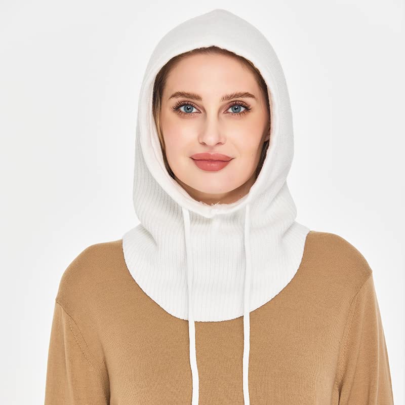 Timoise Knit Winter Hats for Women Balaclava Warm Hooded Scarf for Men and Women Beanie Hat Skull Cap (White)