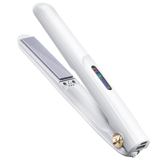Cordless Hair Straightener and Curler 2 in 1 Ceramic Flat Iron Mini Cordless Portable Travel Hot Tools Straight Curl for Women Men USB Rechargeable with Pouch (White)