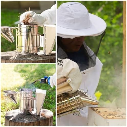 Stainless Steel Bee Hive Smoker with Heat Shield Included 54Pcs Smoker Pellets for Beekeeping Starters Supplies