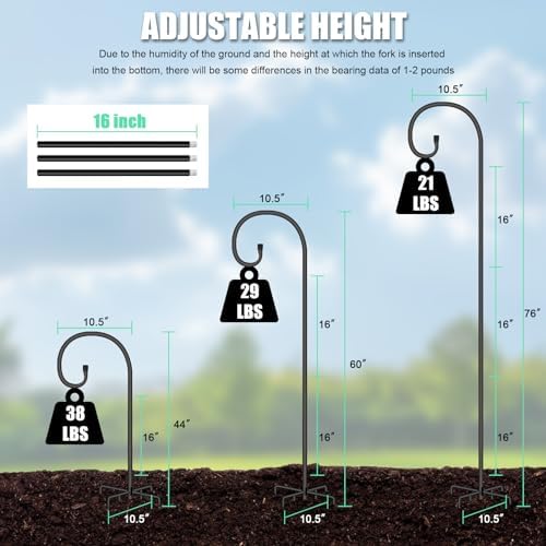SZHLUX Adjustable Shepherds Hook for Outdoor 76 Inch Bird Feeder Pole with 7 Prongs Base, 5/8 Inch Thick Heavy Duty for Hanging Bird Feeder, Plant Basket