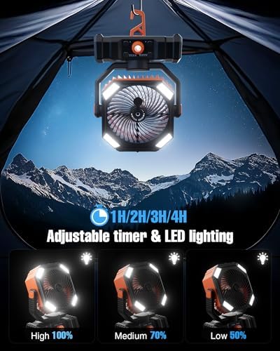 Misting Fan, Portable Outdoor Fans with Remote, 20000mAh Rechargeable Battery Portable Fan for Outdoors Patios, Camping Fans 270° Adjustable, Hanging & Lighting for Outdoor Indoor cooling