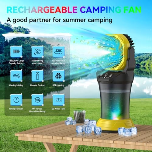 Wilody Misting Fan Portable Camping Fan 42800mAh Battery Powered with Remote Control, RGB Ambient Light with 2L Bucket, Battery Indicator, 120° Auto Oscillating, Timing Function, Grip Handle