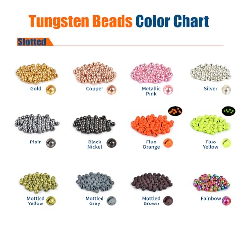MUUNN 50pcs Tungsten Slotted Beads for Fly Tying,12 Colors/13 Sizes Tungsten Beads Heads Slotted Fly Tying Materials(Rainbow,2.5mm