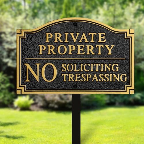 Private Property No Soliciting No Trespassing Statement Plaque,Solid Metal Cast Yard Sign, Heavy Duty Material, Embossed Letters,11.5"×7.5" with 31.5" Stakes and Upgraded Stainless Screws