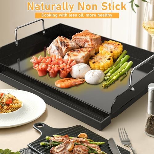 Utheer 17" x 13" Nano-Ceramic Nonstick Griddle for Gas & Charcoal Grills – Universal Flat Top Griddle with Grease Groove/Reinforced Ridges/High Sidewalls, Perfect for Healthy Cooking,Parties & Camping