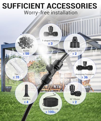 100FT Misters for Outside Patio Misters for Cooling (36 Mist Nozzles) Outdoor Water Patio Hose Greenhouse Mister System Outside Mist Backyard Trampoline for Waterpark Watering Misters for Cooling