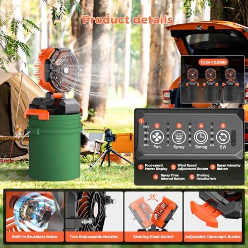 Portable Misting Fan, 30000mAh Rechargeable Battery Powered Floor Cooling Fan with 4 Strong Winds, 4 Spray Mister, Adjustable Base for 10-13in Bucket for Camping, Beach, Patio (No Bucket)- Orange
