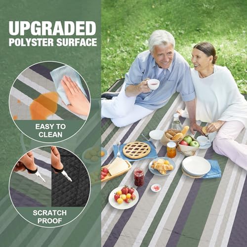 Picnic Blankets Outdoor Extra Large - 80"x80" Portable Waterproof Picnic Blanket, Machine Washable 3-Layer Foldable Picnic Mat with Sandproof Backing for Grass, Park, Hiking, Concerts (GreenStrip)
