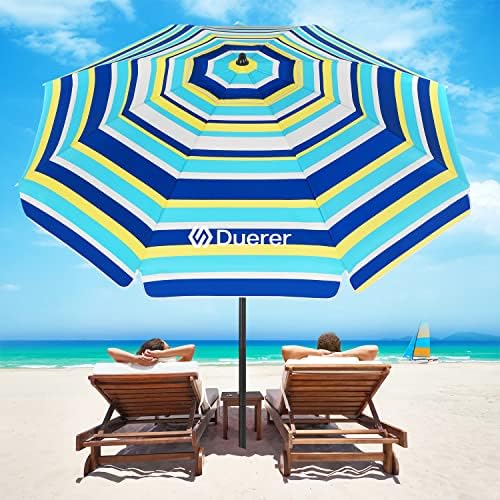 Duerer Beach Umbrellas, 8.5FT Beach Umbrella for Sand with Anchor Heavy Duty Windproof, Height Adjustable Tilt Iron Pole, Portable Beach Umbrella with Carrying Bag for Beach, Patio Garden Outdoor