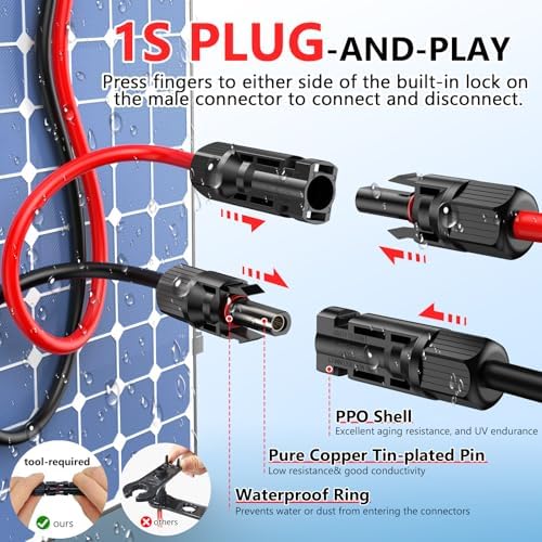 2x50 Feet Solar Panel Extension Cable- 10AWG Solar Cable Solar Panel Cable with Female and Male Waterproof Connectors for RV, Photovoltaic Systems
