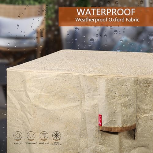 SheeChung Gas Fire Pit Cover Square 600D Heavy Duty Patio Outdoor Fire Pit Table Cover with PVC Coating 100% Waterproof,Air Vent,Fits for 33/34/35/36 inch Fire Pit Table Cover 36”L x 36”W x 24”H Beige