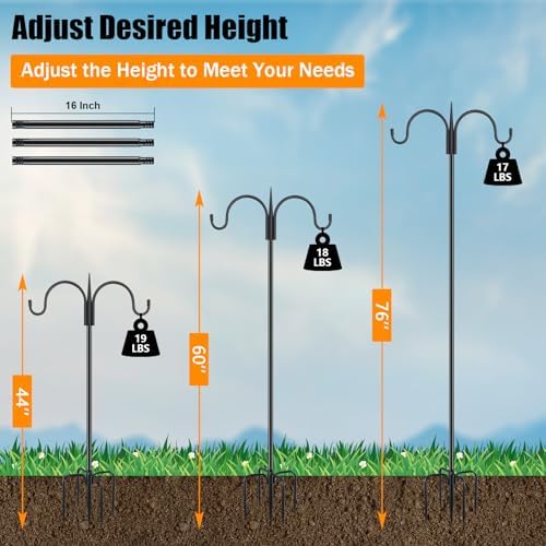 FEED GARDEN Adjustable Double Shepherds Hook for Outdoor with 5 Prong Base 76 Inch Heavy Duty Two Sided Bird Feeder Pole for Hanging Plant Baskets, Solar Light Lanterns, Wind Chimes 2 Pack