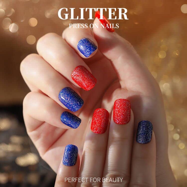 Teenitor Short Press On Nails with Glitter, 12 Sizes Square, Matte & Glossy Finish