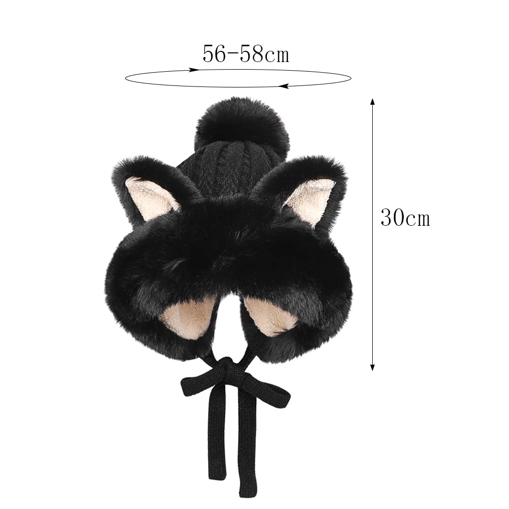 Winter Cute Faux Fur Beanie Hat Women Fox Cat Ear Furry Bucket Hat Cover with Earflap Pompom Russian Warm Plush Trapper Hat Black