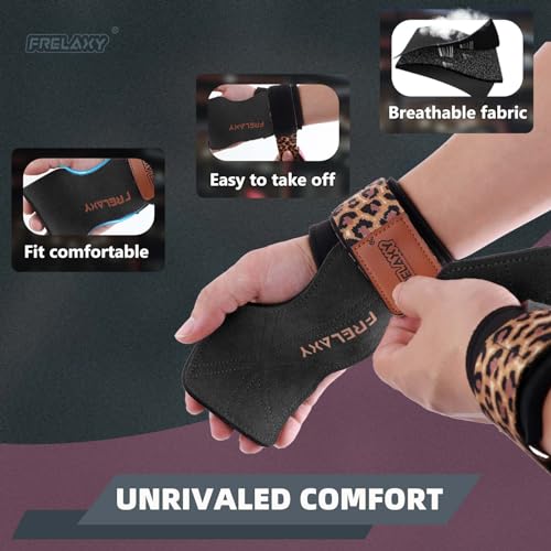 Frelaxy Lifting Wrist Straps Women and Men, Weight Lifting Grips with Cushion Wrist Loop, Double Layer Leather and Storage Pouch, Gym Workout Straps for Deadlift and Powerlifting (All Black)