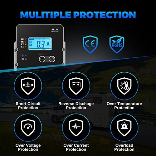 Solar Charge Controller Waterproof, 10A Super Thin Panel Battery Intelligent Regulator With LCD Display 12V/24V PWM Controller for LiFePO4, AGM, Gel, Flooded and Lithium Battery