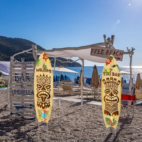 2 PCS Tiki Bar Surfboard Yard Signs Surfboard Beach Signs with Stakes Hawaiian Luau Party Decoration Summer Theme Decor for Tiki Bar Beach Outdoor