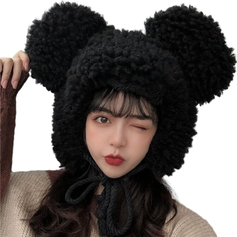 Cute Fuzzy Bear Hat with Ear Flap Faux Fur Ushanka Windproof Warm Trapper Cap Winter Thermal Hat for Girls Women Black