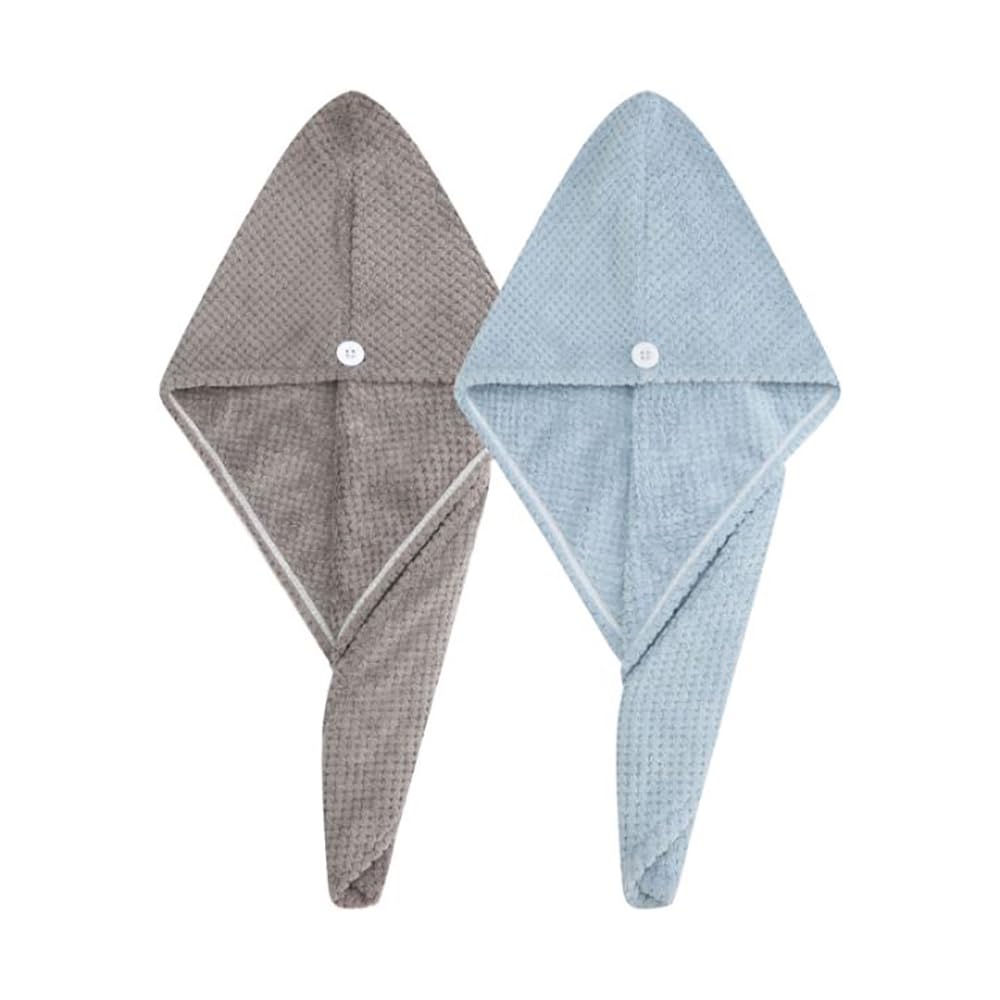 M-bestl 2 Pack Absorbent Microfiber Hair Towel Wrap,Anti-frizz Hair Drying Towel with Button to Dry Hair Quickly,25.6X9.8 inch (Gray&Blue)