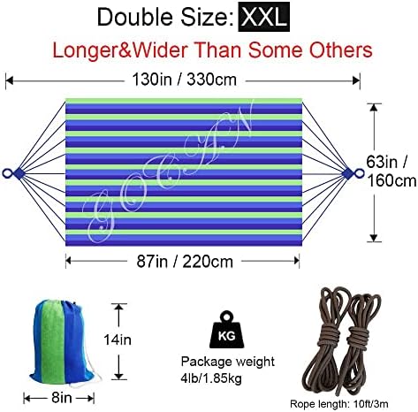 Brazilian Double Hammock 2 Person Extra Large 220x160cm Total Length 330cm Load 500lb Canvas Cotton Hammock for Patio Porch Garden Backyard Lounging Outdoor and Indoor(Blue/Green) XXL