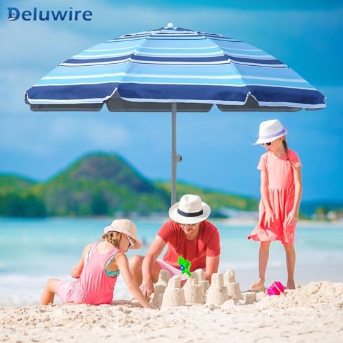 7ft Heavy Duty High Wind Beach Umbrella Parasols with sand anchor & Tilt Sun Shelter, UV 50+ Protection Outdoor Sunshade Umbrellas Carry Bag for Patio Garden Pool Backyard Stripe Blue