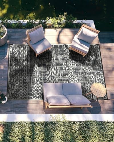 MontVoo Outdoor Rug Waterproof-Patio Rug Mat 5x8 Outdoor Carpet Reversible RV Camping Picnic Plastic Straw Rug Outside Outdoor Area Rug for Balcony Deck Backyard Patio Decor Boho Modern Abstract