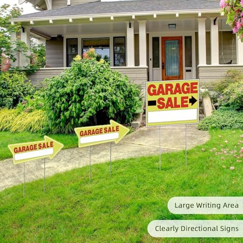 Garage Sale Signs - 3Pack Double Sided Garage Sale Signs & 6Pack Directional Arrow Signs with Metal Stakes - Waterproof Reusable Yard Sale Signs for Outdoor Sales