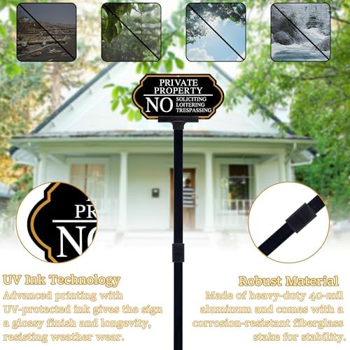 Large Private Property No Soliciting Yard Sign - Elegant Black with UV Protection, 14x7 Inch/35 inch Height, Durable Aluminum with Fiberglass Stake, Weatherproof, Easy-Install for Lawns and Gardens (2-Pack)