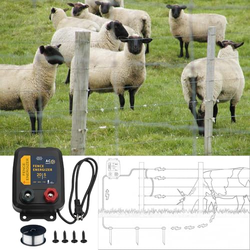 PE5 Electric Fence Energizer and 17 Gauge Spool Aluminum Wire Livestock Fence Chargers for Containing Pets and Preventing Wild Animals Intruding (0.20 Joule,20 Acres)