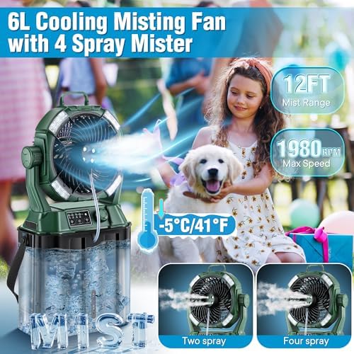 Portable Misting Fan,4 LED Lights&Stepless Speed Control & 4 Outlet Cooling Spray with 6L Bucket,Timer Function,Portable Handle,20000mAh Camping Fan for Patios/Fishing/Travel/Office Desk