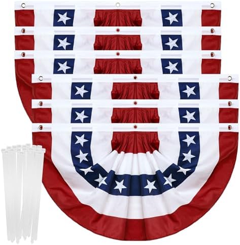 6 Pack American Pleated Fan Flag,1.5 X 3 FT American Bunting with Brass Grommets and Zip Ties,Patriotic Half Fan Banner Flag Decor, Memorial Day 4th of July Decoration Outdoor