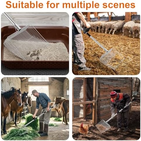 15-inch Large Chicken Poop Scooper with Ergonomic Grip, 4 in 1 Adjustable Chicken Coop Pooper Shovel (24 to 70"), Sifting Litter Shovel Scoop for Chicken Coop/Goat Stall/Stable Cleaning