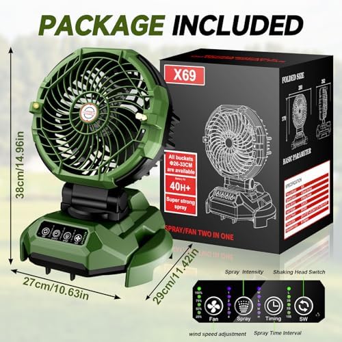 Lacoco Portable Misting Fan with 150 ° rotation, 30000mAh Rechargeable Battery Operated Fans, Outdoor Cooling Fan for Patio, BBQ, Worksite, Adjustable Base for 10-13in Bucket(No Bucket Included)