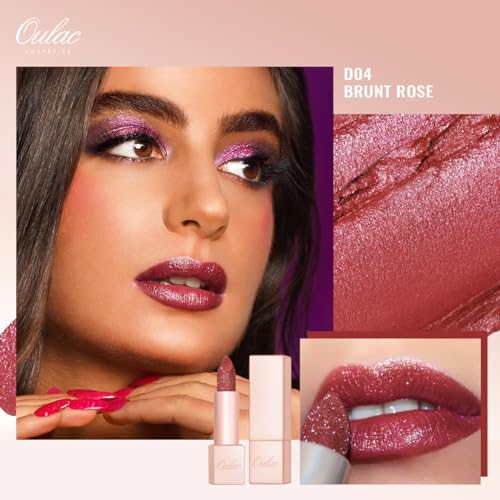 Oulac Shimmer Lipstick for Women, Infinity High Shine Finish, Hydrating Lip Color Infused with Damask Rose Oil for All-Day Comfort, Gluten-Free Vegan Beauty, D04 Brunt Rose