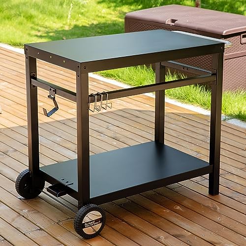 Royal Gourmet Dining Cart Table with Double-Shelf, Movable Stainless Steel Flattop Grill Cart, Hooks, Side Handle, Multifunctional PC3401B (Black)