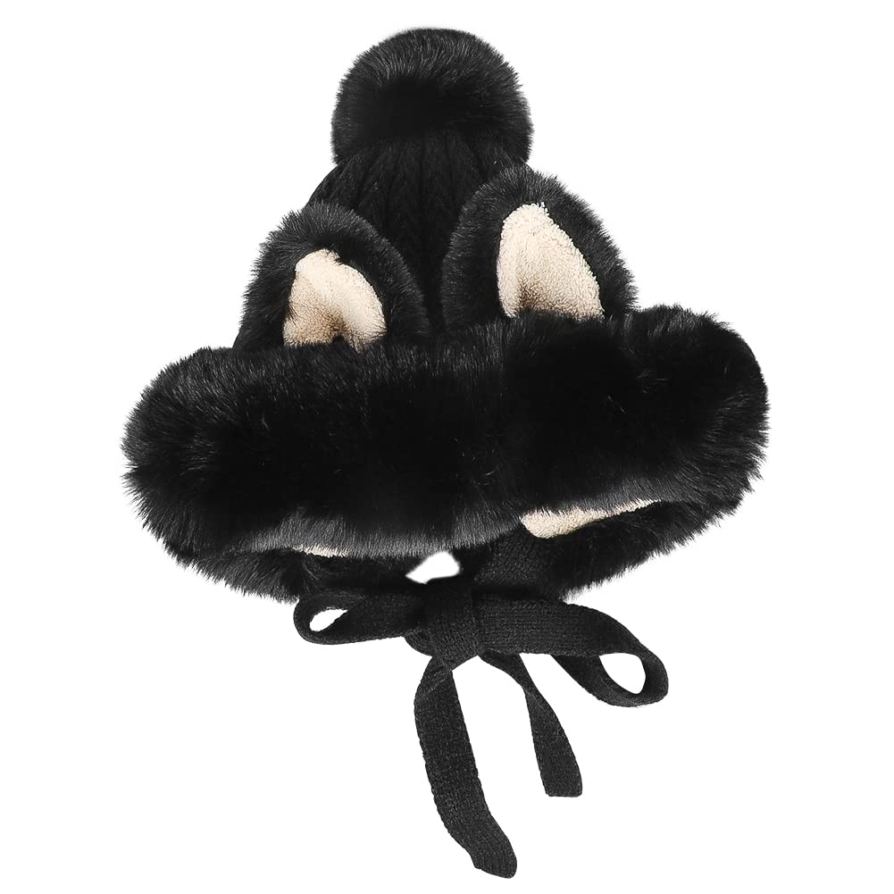 Winter Cute Faux Fur Beanie Hat Women Fox Cat Ear Furry Bucket Hat Cover with Earflap Pompom Russian Warm Plush Trapper Hat Black
