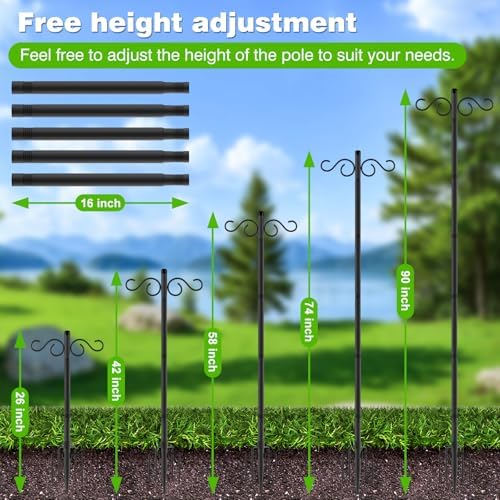Double Shepherds Hooks for Outdoor,2 Pack 90 Inch Bird Feeder Pole with 5 Prongs Base,Heavy Duty Shepherds Hook,Suitable for Garden in Hanging Flower Basket,Lantern,Bird Nests (90 Inch)