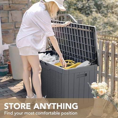 Devoko 100 Gallon Waterproof Large Resin Deck Box Indoor Outdoor Lockable Storage Container for Patio Furniture Cushions Garden Tools (100 Gallon, Grey)
