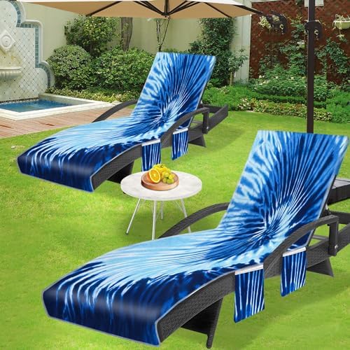 Lounge Chair Towel Cover (Pack of 2), Tie Dye Style Chaise Lounge Cover, Beach Chair Covers with Pockets for Pool Beach Garden Courtyard Outdoor Trips, 85 x30 in, Blue Grey