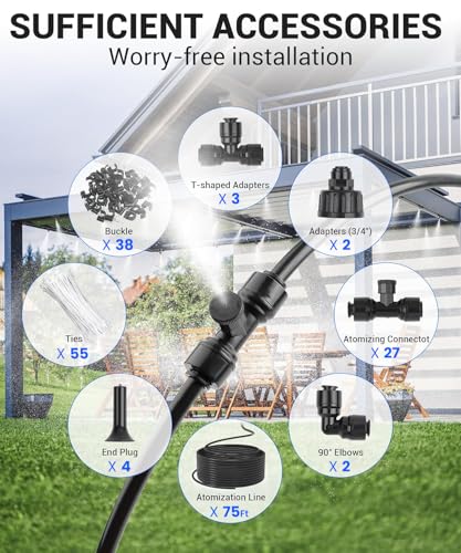 75FT Misters for Outside Patio Misters for Cooling (27 Mist Nozzles) Outdoor Water Patio Hose Greenhouse Mister System Outside Mist Backyard Trampoline for Waterpark Watering Misters for Cooling
