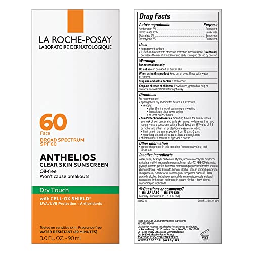 La Roche-Posay Anthelios Clear Skin Sunscreen Dry Touch SPF 60, Oil Free Sunscreen For Face, Oil Absorbing, Broad Spectrum SPF + Antioxidants, Non-Greasy, Oxybenzone Free, Travel Size
