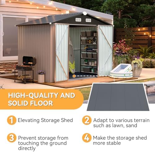 Aoxun 7.4x5.3FT Shed with Floor Galvanized Steel Outdoor Storage Shed Metal Garden Shed with Double Doors, 15mm Moisture-Proof Floor & Ventilation, Sloped Roof for Bike/Generator/Tool Storage (Brown)