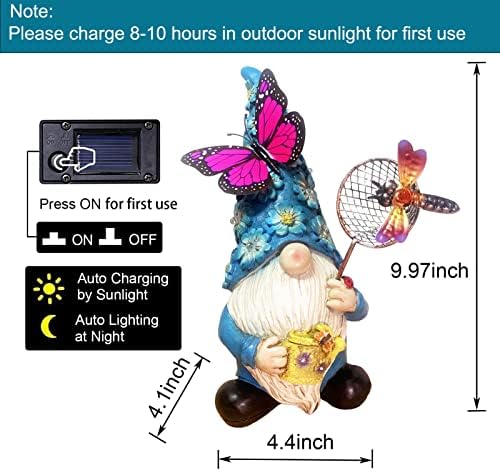 Garden Gnome Statues Outdoor Decor Solar Gnomes with Butterfly on LED Lighted Flowers, Resin Blue Gnomes Sculpture for Patio Yard Lawn Onament Decoration