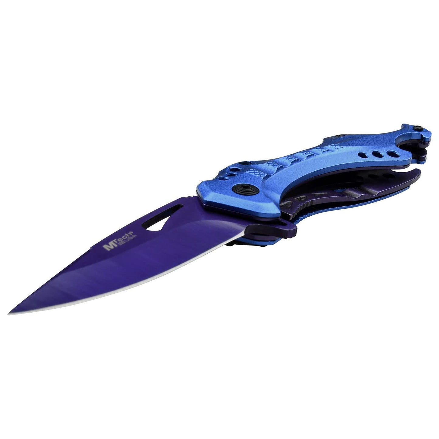 MTech USA – Folding Knife – Fine Edge Purple TiNite Coated Stainless Steel Blade, Blue Aluminum Handle, Pocket Clip, EDC - MT-A705PBL