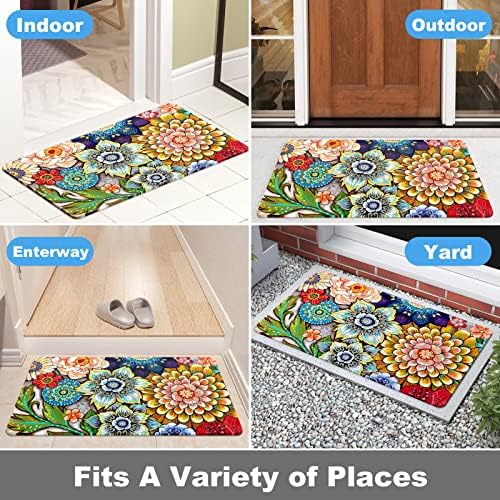 Rnivvi Front Door Mat, 30"x17" Flower Theme Indoor Outdoor Welcome Mat, Heavy Duty Low Profile Anti-slip Entryway Rug for Home Entrance, Floor, Patio Entry, Mud Room, Cute Mandala Floral Decor Doormat