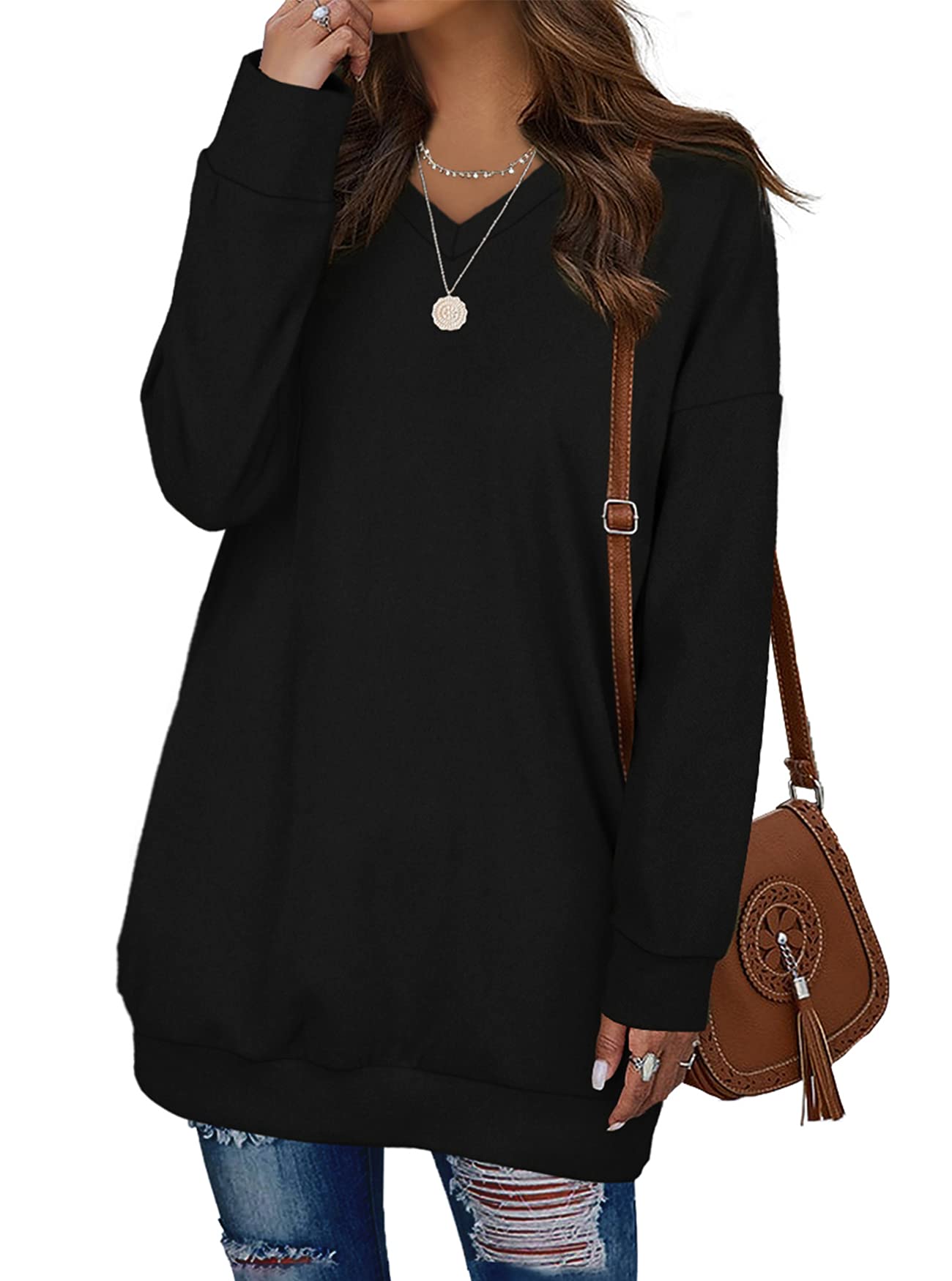 OFEEFAN Black Sweatshirt Plus Size Tops for Women V Neck Winter Long Sweater 3XL