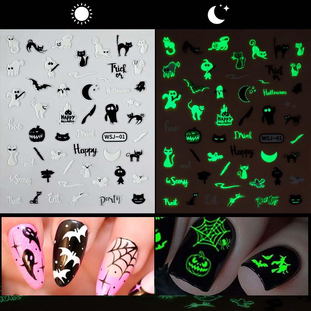 12 Sheets Halloween Nail Stickers Decals Skull Ghost Nail Decals Bat Spider Web Nail Stickers for 3D Adhesive Nail Art Stickers Pumpkin Nail Decals with Design Glow in The Dark for Women Decorations
